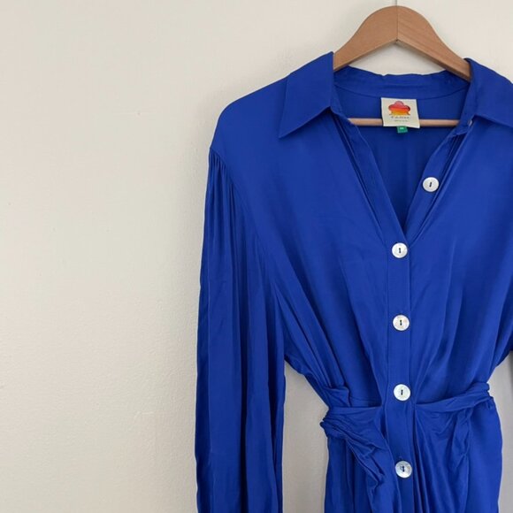 Farm Rio Cobalt Blue Knotted Waist Long Sleeve Midi Dress Size Medium - Picture 7 of 8